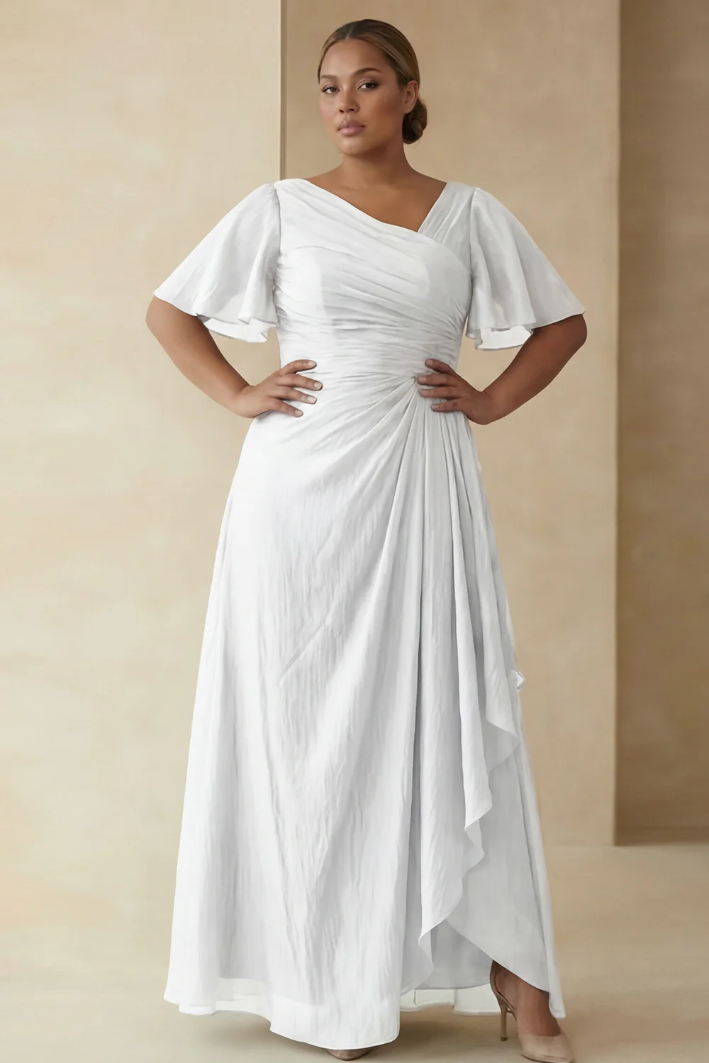 Dusty Sage A Line Ruched Short Sleeves Plus Size Mother Of The Bride Dress with Ruffles - Image 11