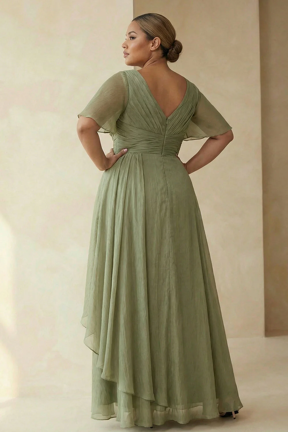 Dusty Sage A Line Ruched Short Sleeves Plus Size Mother Of The Bride Dress with Ruffles - Image 2