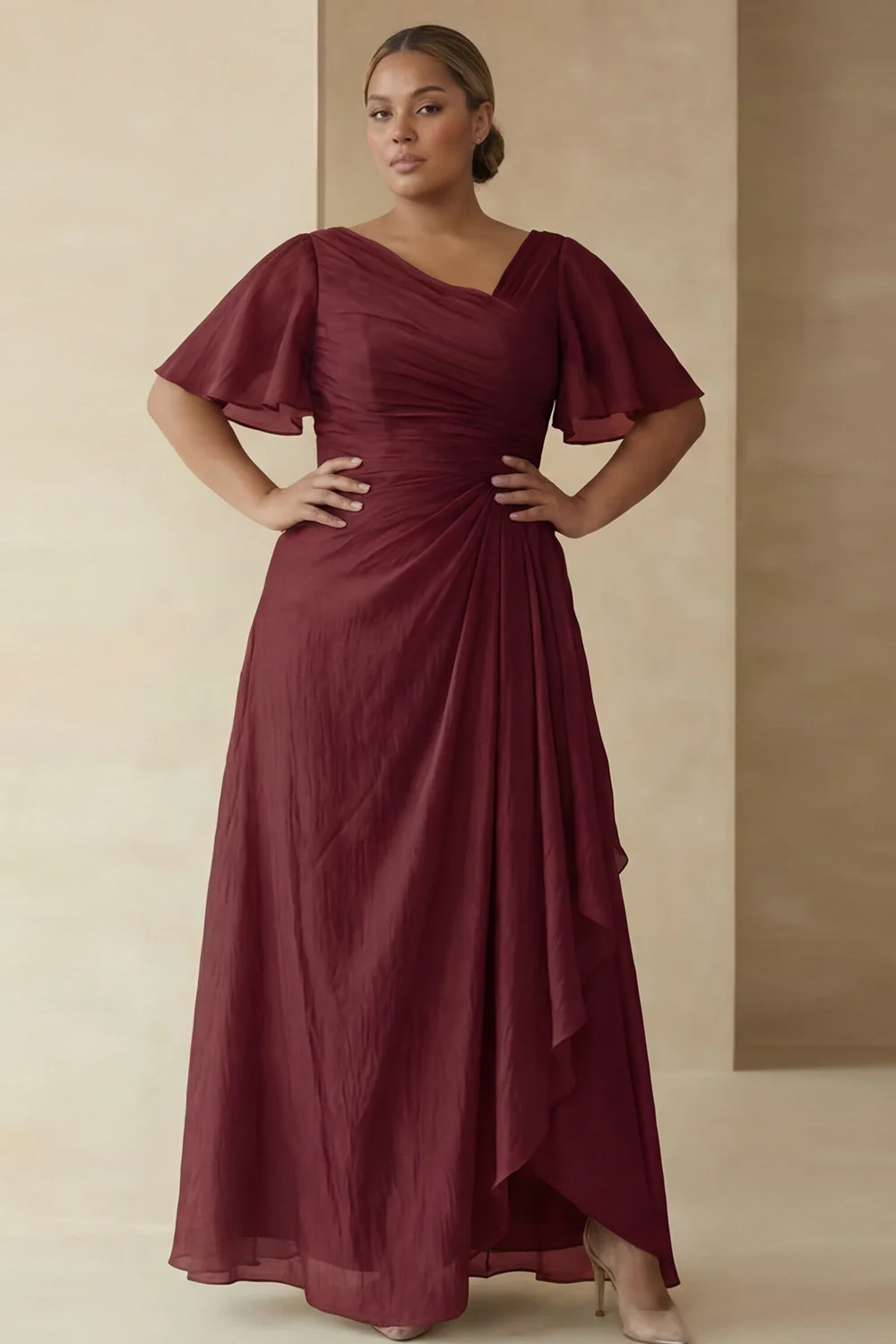 Dusty Sage A Line Ruched Short Sleeves Plus Size Mother Of The Bride Dress with Ruffles - Image 3