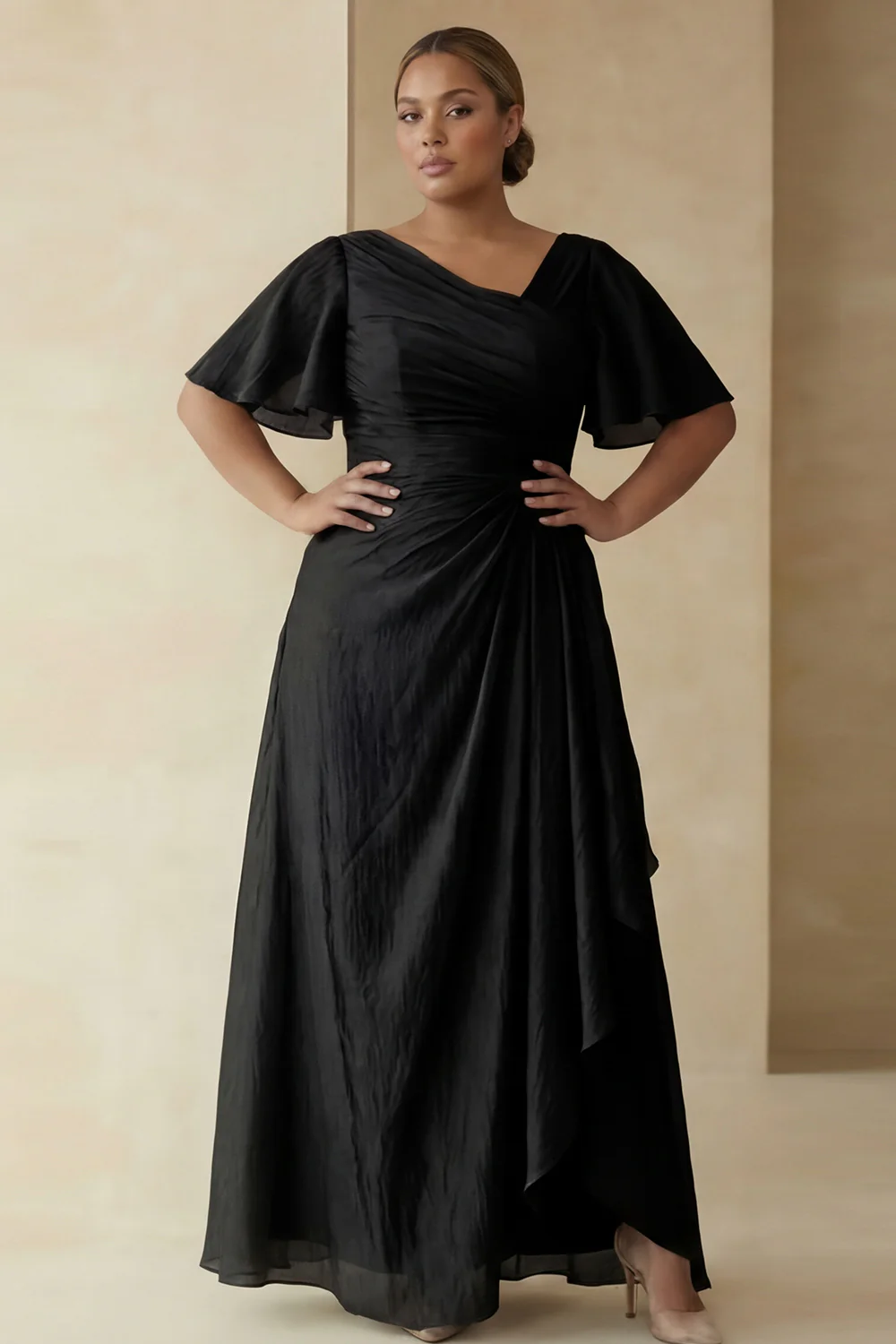 Dusty Sage A Line Ruched Short Sleeves Plus Size Mother Of The Bride Dress with Ruffles - Image 4