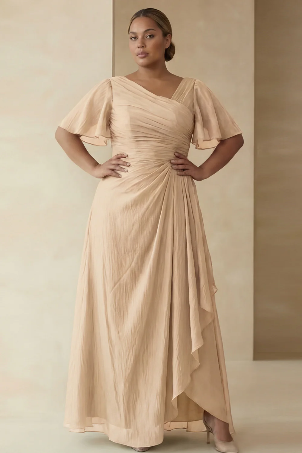 Dusty Sage A Line Ruched Short Sleeves Plus Size Mother Of The Bride Dress with Ruffles - Image 5