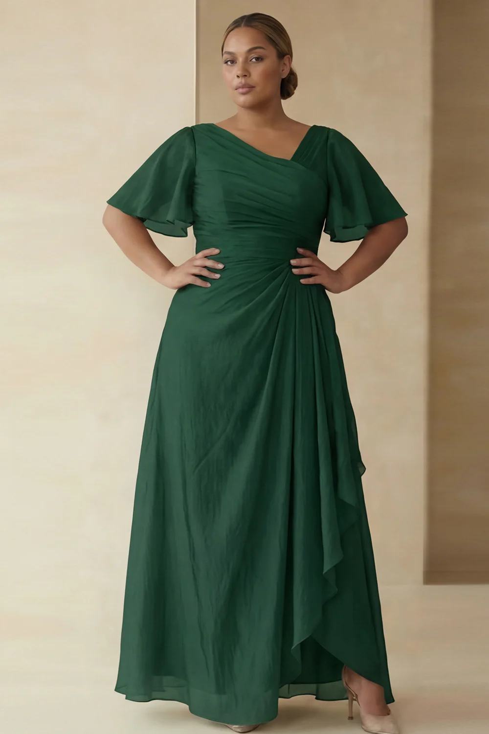 Dusty Sage A Line Ruched Short Sleeves Plus Size Mother Of The Bride Dress with Ruffles - Image 6