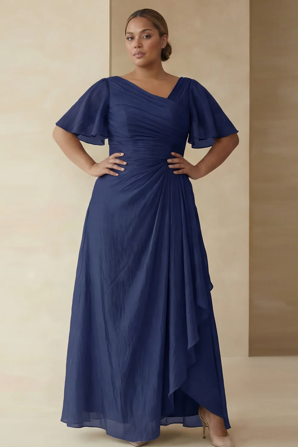 Dusty Sage A Line Ruched Short Sleeves Plus Size Mother Of The Bride Dress with Ruffles - Image 7