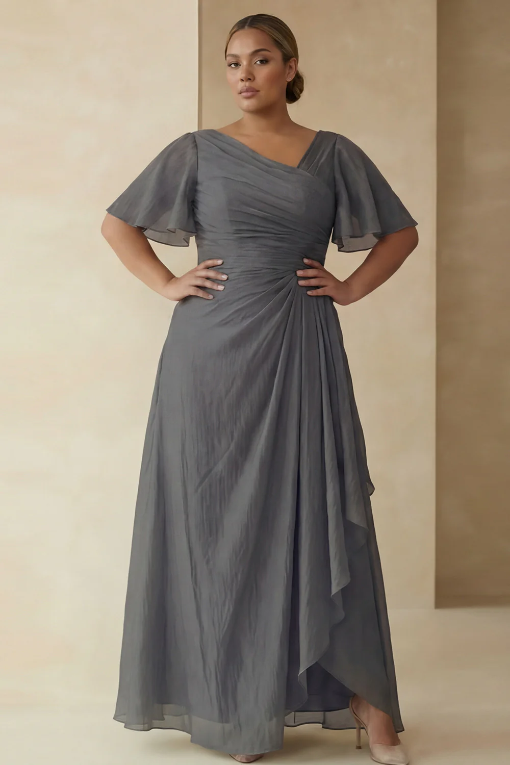 Dusty Sage A Line Ruched Short Sleeves Plus Size Mother Of The Bride Dress with Ruffles - Image 8