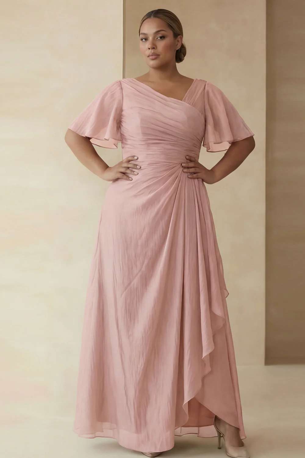 Dusty Sage A Line Ruched Short Sleeves Plus Size Mother Of The Bride Dress with Ruffles - Image 9