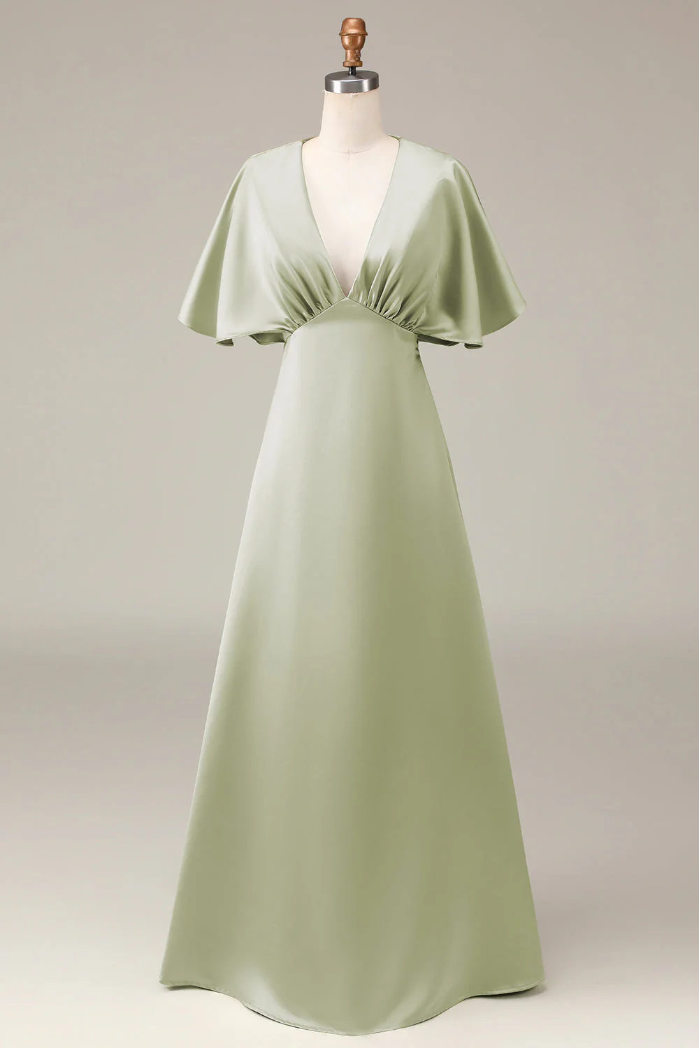 Dusty Sage A-line Satin V-Neck Choir Dress with Flutter Sleeves - Image 2