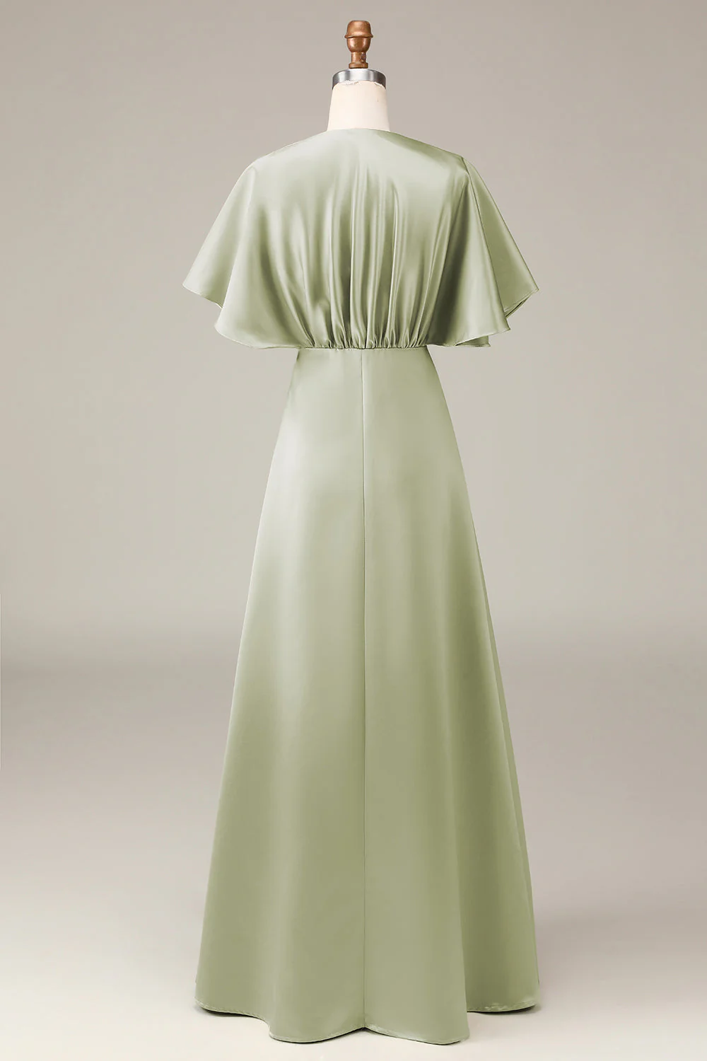 Dusty Sage A-line Satin V-Neck Choir Dress with Flutter Sleeves - Image 3