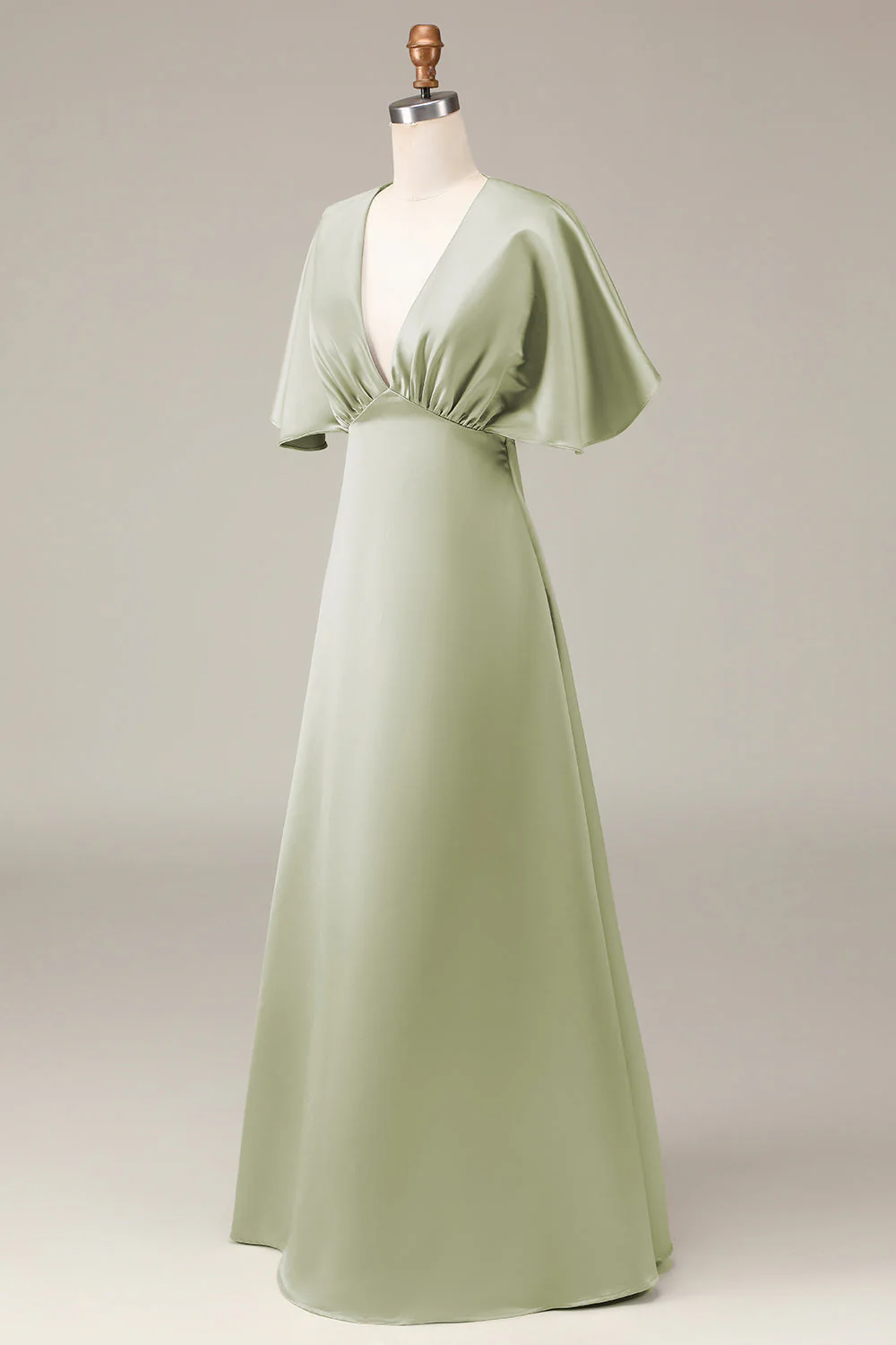 Dusty Sage A-line Satin V-Neck Choir Dress with Flutter Sleeves - Image 4