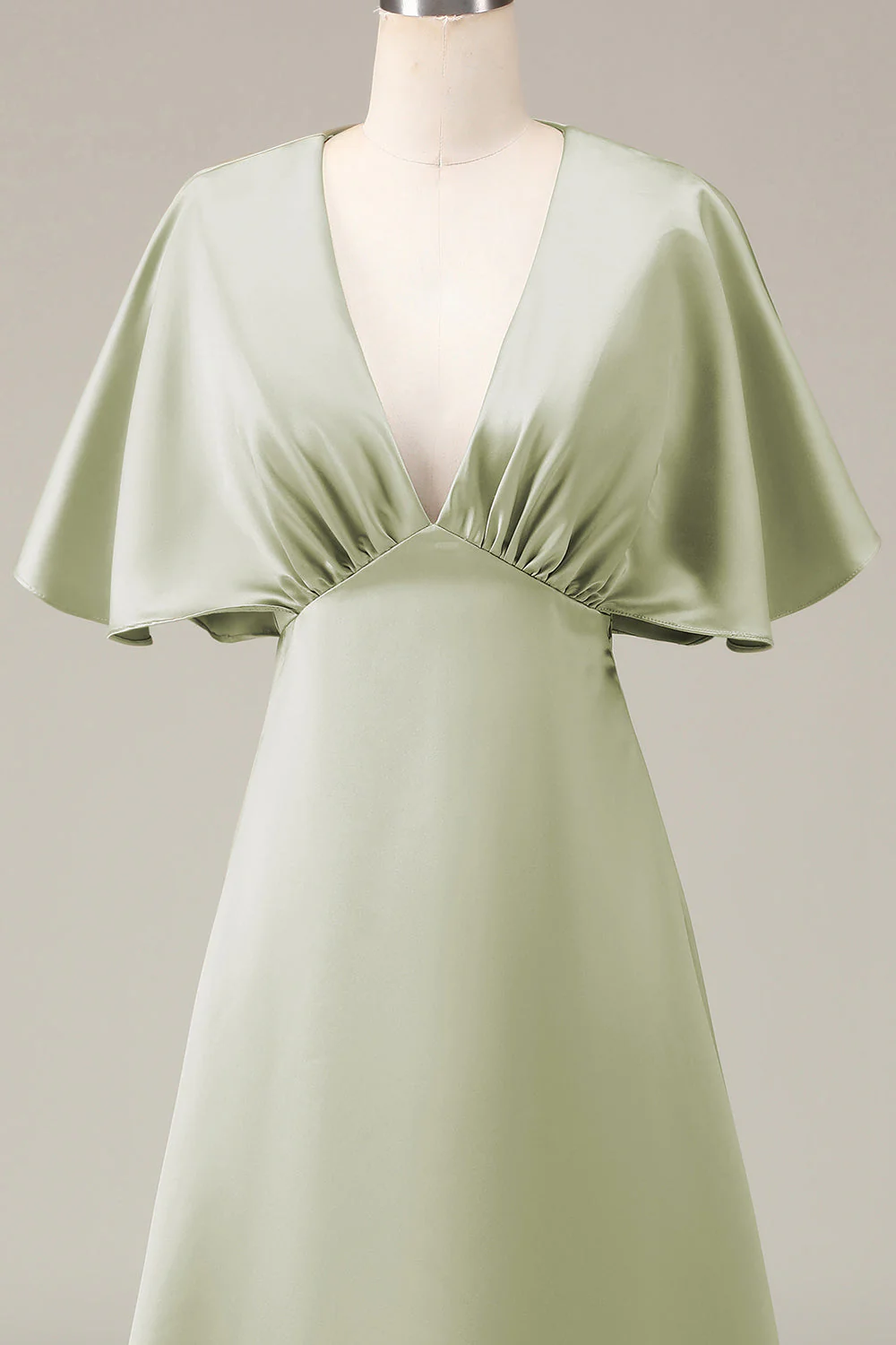 Dusty Sage A-line Satin V-Neck Choir Dress with Flutter Sleeves - Image 5