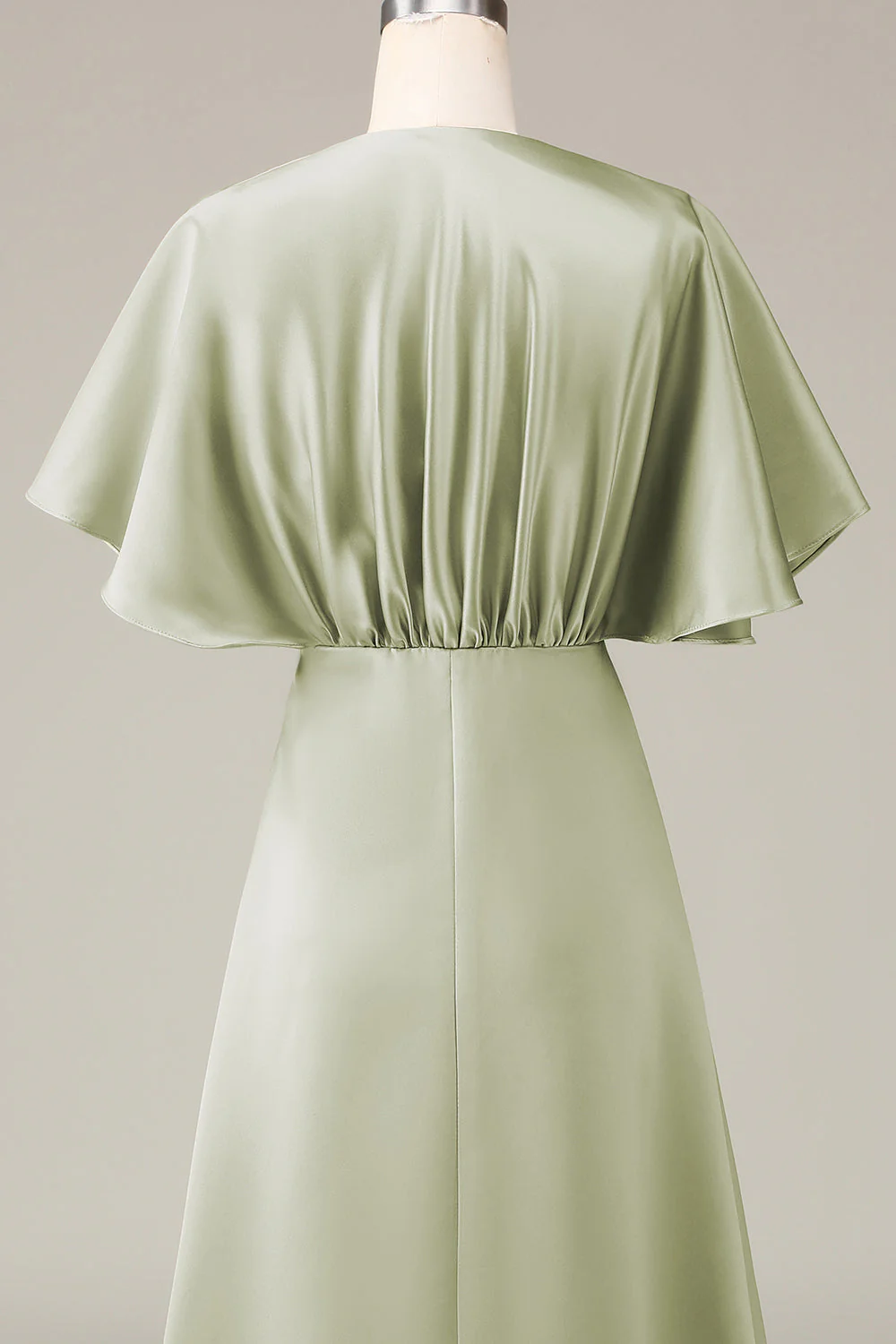 Dusty Sage A-line Satin V-Neck Choir Dress with Flutter Sleeves - Image 6