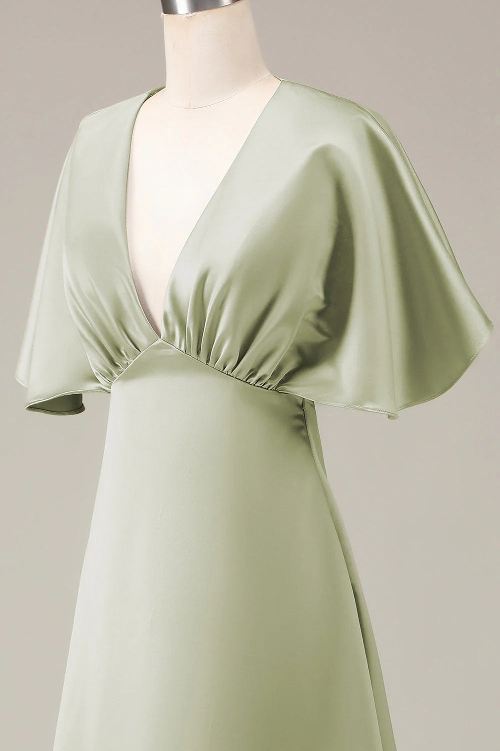 Dusty Sage A-line Satin V-Neck Choir Dress with Flutter Sleeves - Image 7