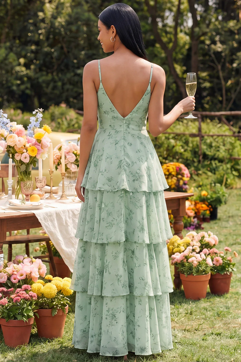 Dusty Sage A Line Ruffled Spaghetti Strapa Maxi Floral Dress with Slit - Image 2