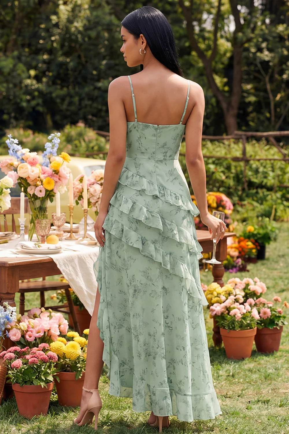 Dusty Sage Ruffled A Line Spaghetti Straps Floral Dress with Slit - Image 2