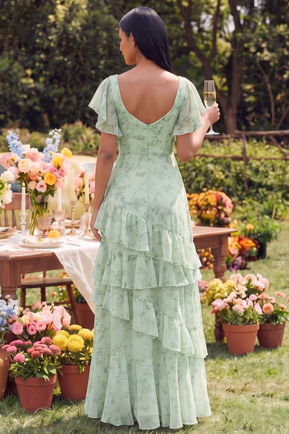 Dusty Sage A Line Ruffled Square Neck Maxi Floral Dress with Flutter Sleeves - Image 2