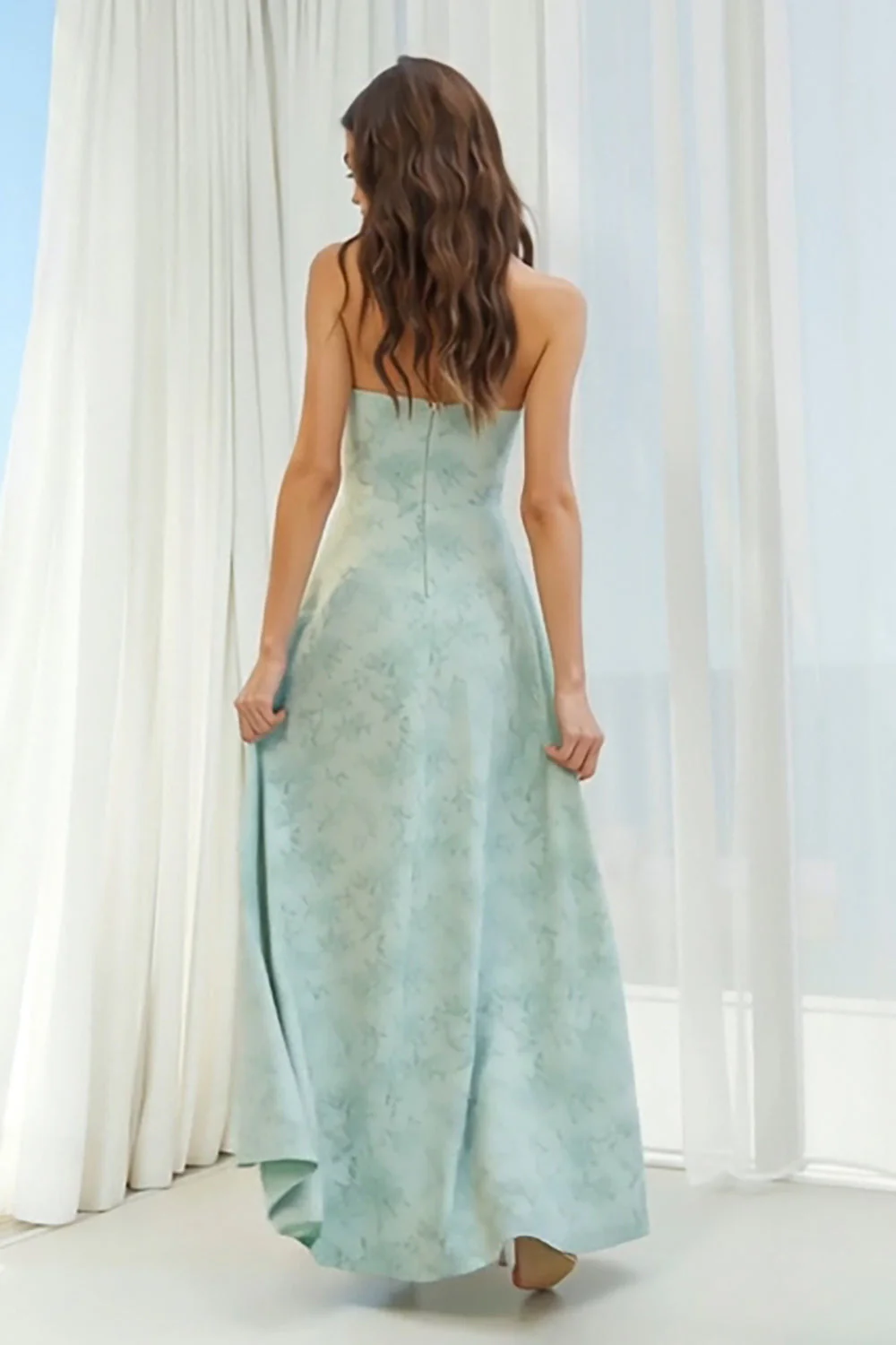 Dusty Sage Floral Strapless A Line Long Bridesmaid Dress - Image 2