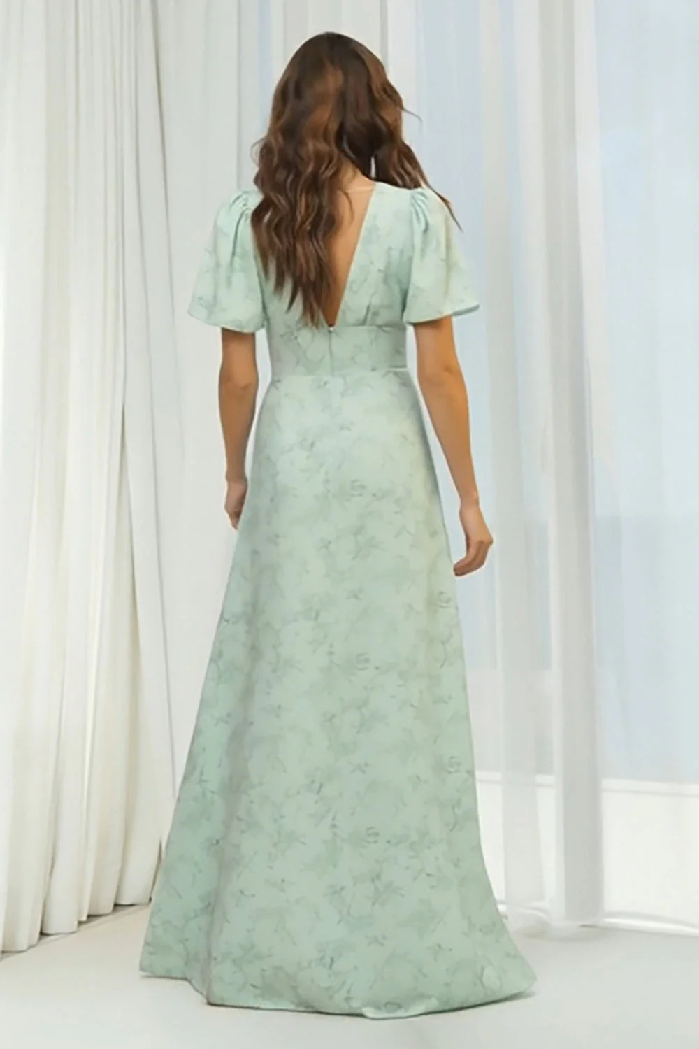 Dusty Sage Floral V Neck A Line Long Bridesmaid Dress with Short Sleeves - Image 2
