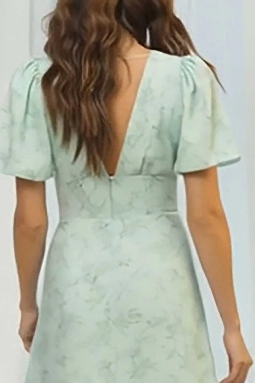 Dusty Sage Floral V Neck A Line Long Bridesmaid Dress with Short Sleeves - Image 4