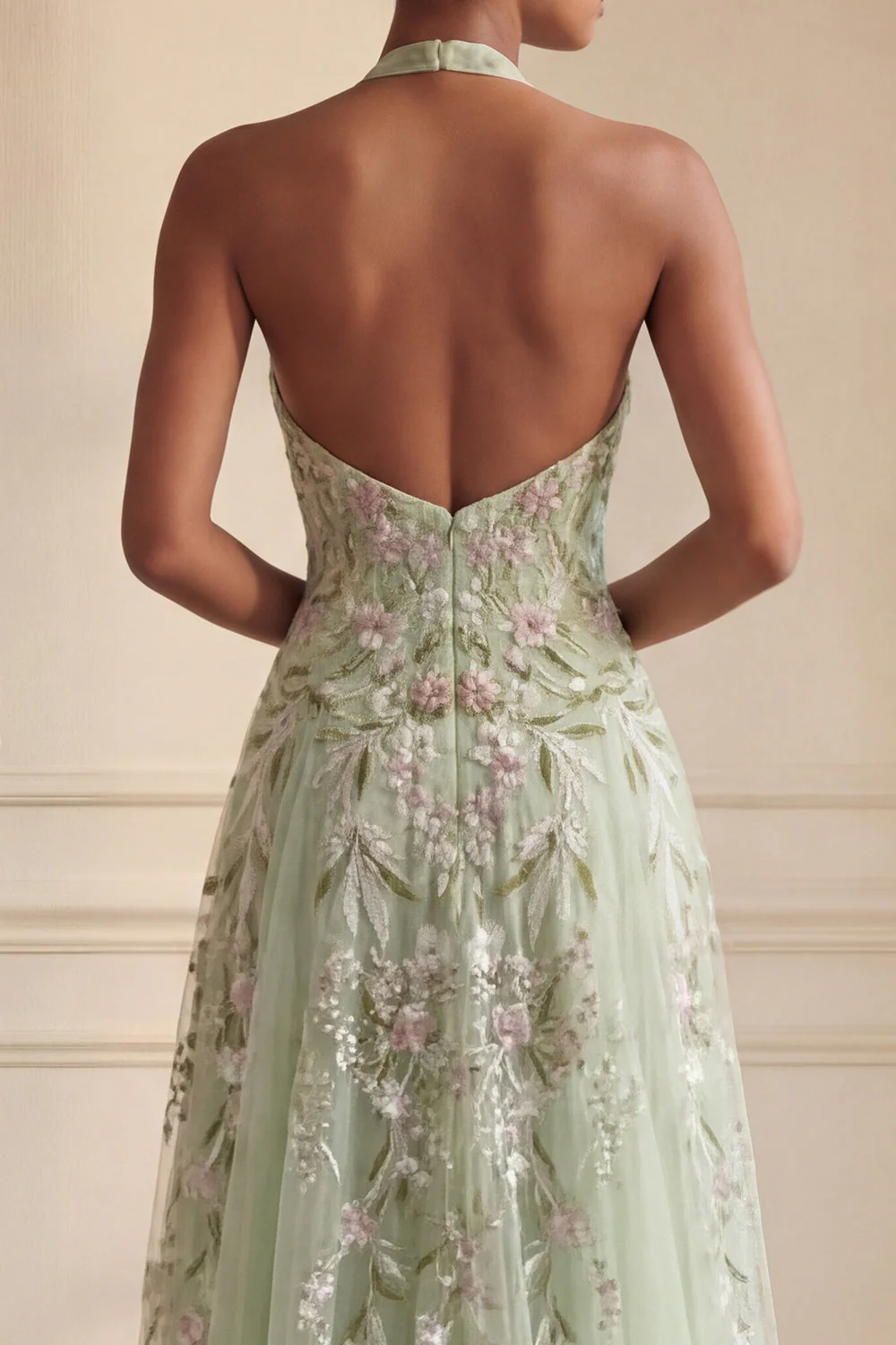 Dusty Sage Halter Sequins A Line Embroidered Tulle Long Prom Dress with Slit - Image 4