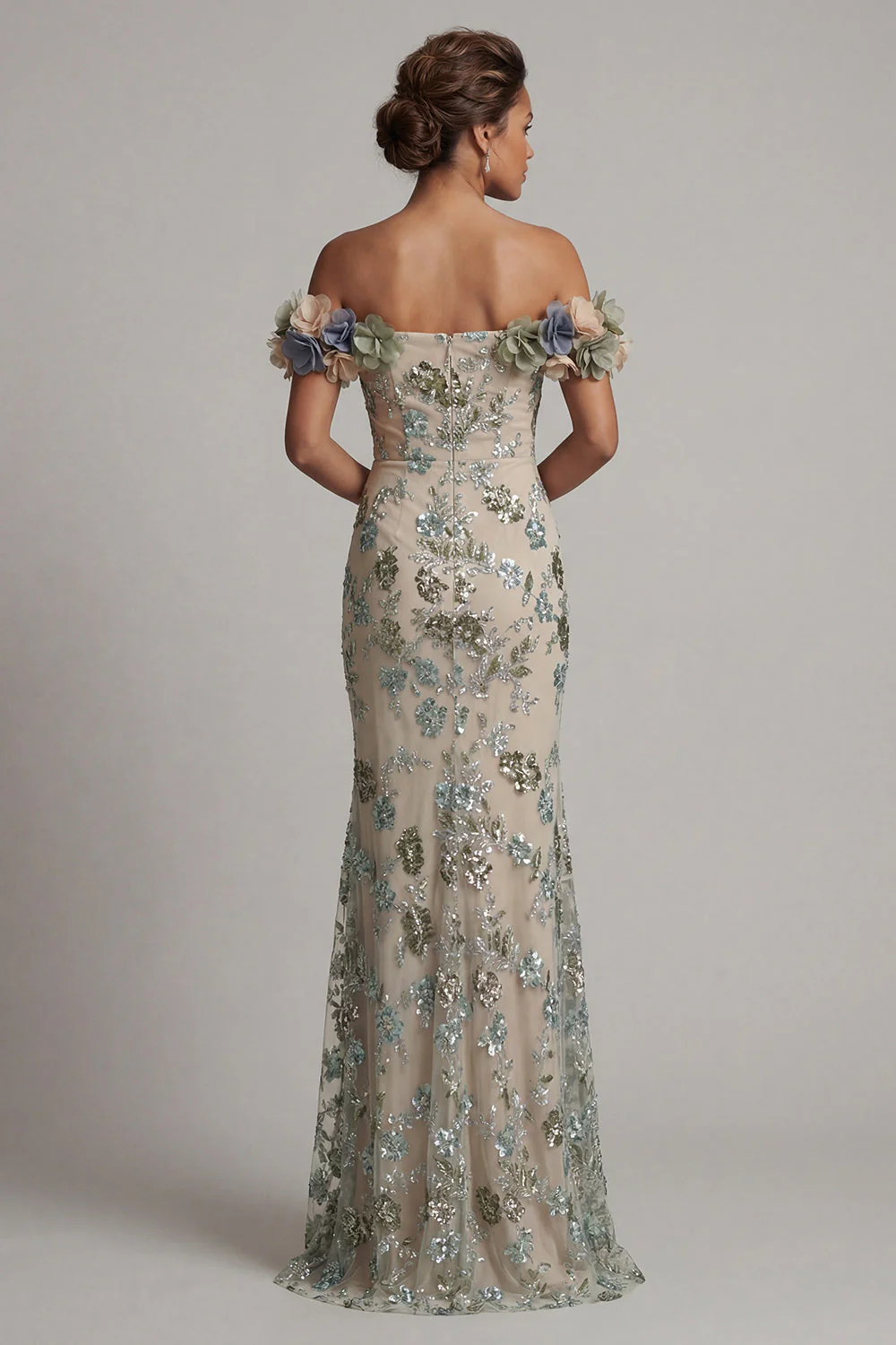 Dusty Sage Off the Shoulder Mermaid Sequin Mother of the Bride Dress with 3D Flowers - Image 2