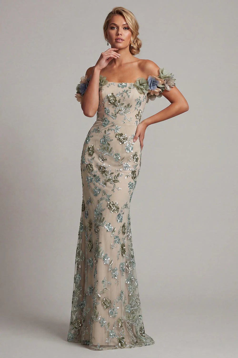 Dusty Sage Off the Shoulder Mermaid Sequin Mother of the Bride Dress with 3D Flowers - Image 3