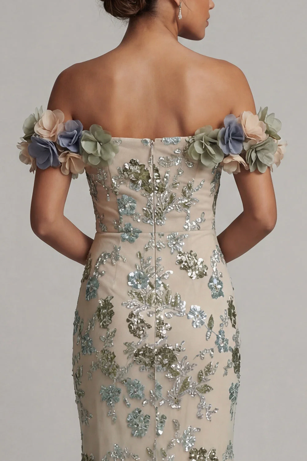 Dusty Sage Off the Shoulder Mermaid Sequin Mother of the Bride Dress with 3D Flowers - Image 5
