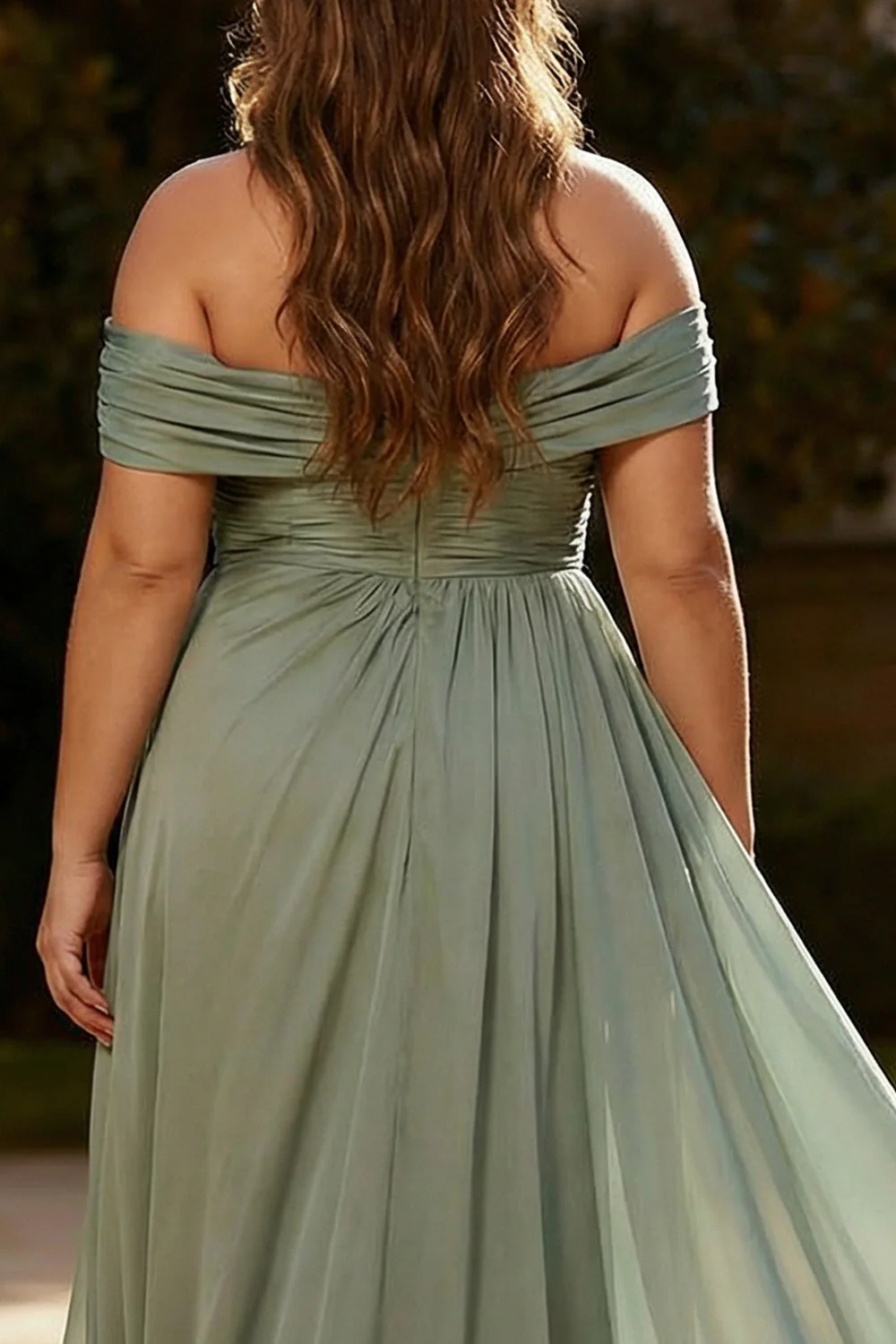 Dusty Sage One Shoulder Pleated A Line Long Plus Size Formal Dress - Image 3