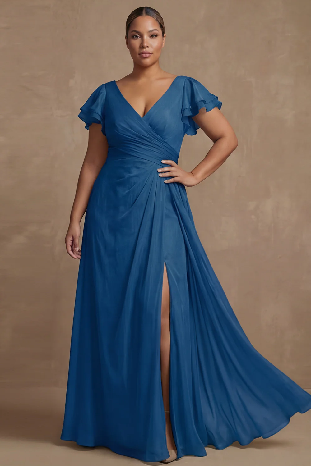 Dusty Sage Plus Size A Line Flutter Sleeves Ruched Mother Of The Bride Dress with Slit - Image 10