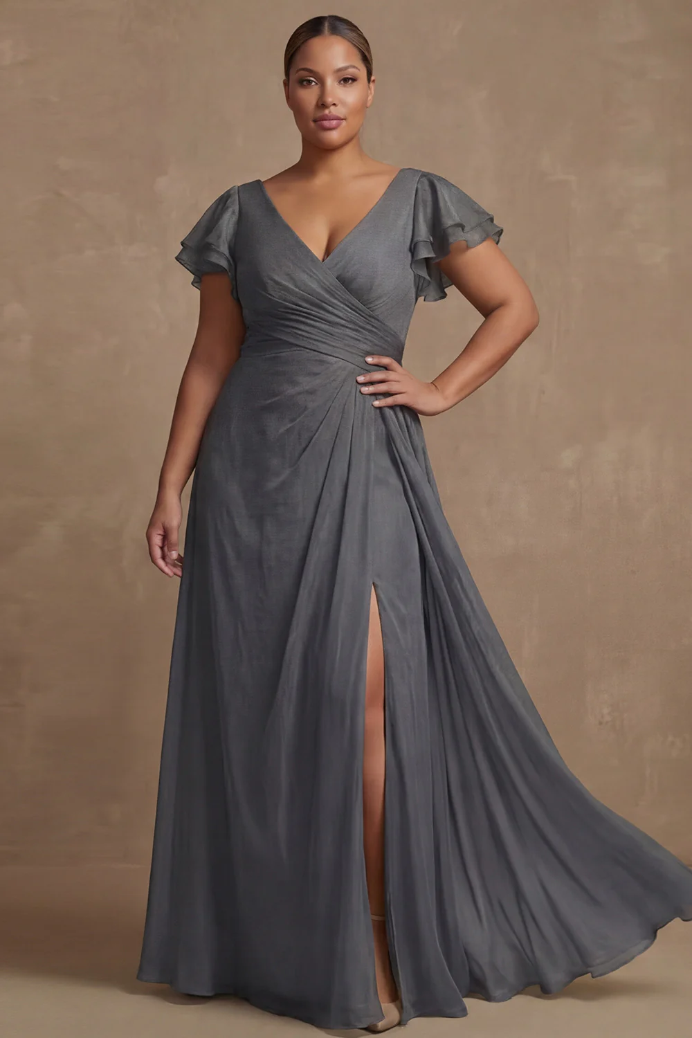 Dusty Sage Plus Size A Line Flutter Sleeves Ruched Mother Of The Bride Dress with Slit - Image 11