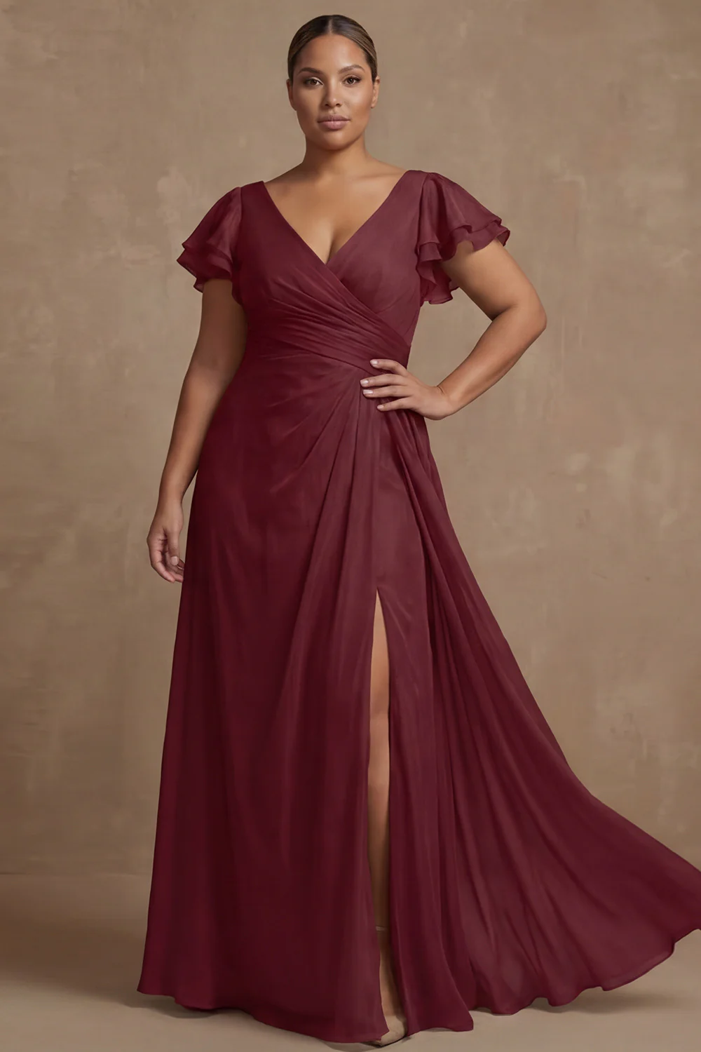 Dusty Sage Plus Size A Line Flutter Sleeves Ruched Mother Of The Bride Dress with Slit - Image 3