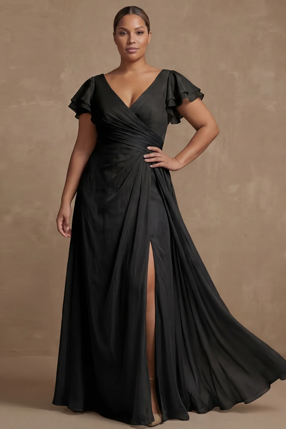 Dusty Sage Plus Size A Line Flutter Sleeves Ruched Mother Of The Bride Dress with Slit - Image 4