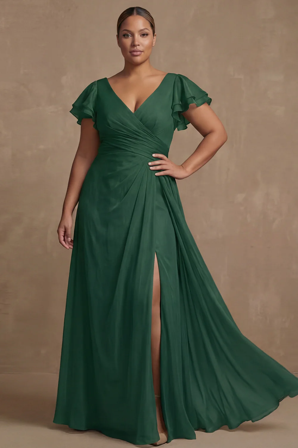 Dusty Sage Plus Size A Line Flutter Sleeves Ruched Mother Of The Bride Dress with Slit - Image 5