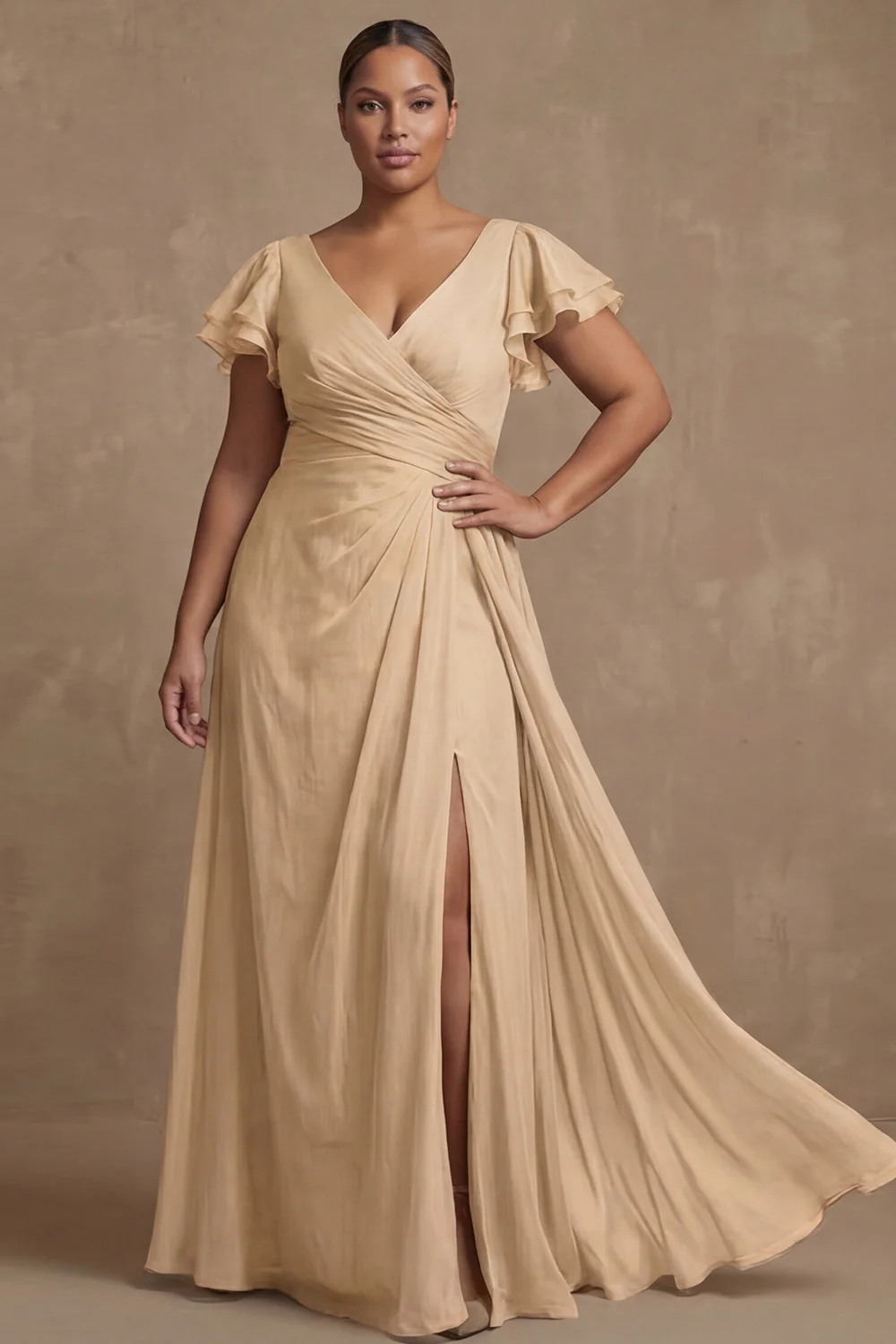 Dusty Sage Plus Size A Line Flutter Sleeves Ruched Mother Of The Bride Dress with Slit - Image 6