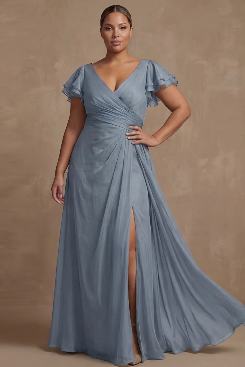 Dusty Sage Plus Size A Line Flutter Sleeves Ruched Mother Of The Bride Dress with Slit - Image 7