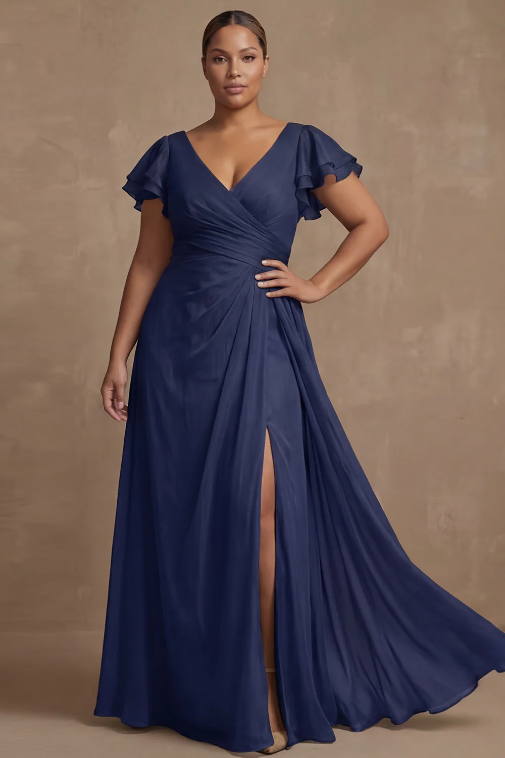 Dusty Sage Plus Size A Line Flutter Sleeves Ruched Mother Of The Bride Dress with Slit - Image 8