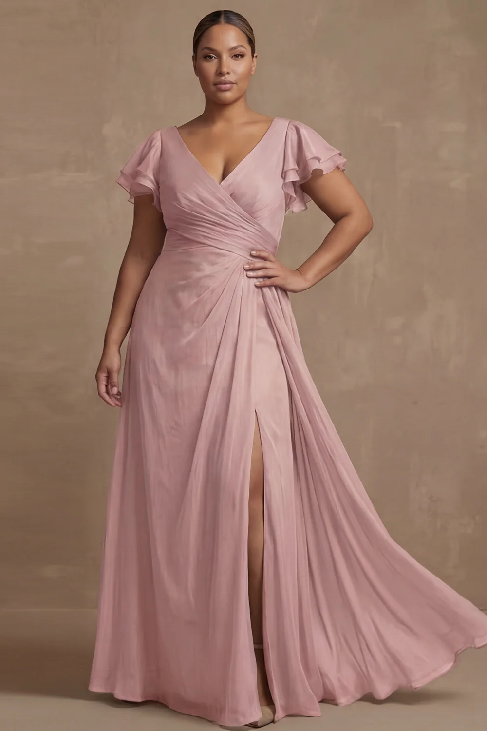 Dusty Sage Plus Size A Line Flutter Sleeves Ruched Mother Of The Bride Dress with Slit - Image 9
