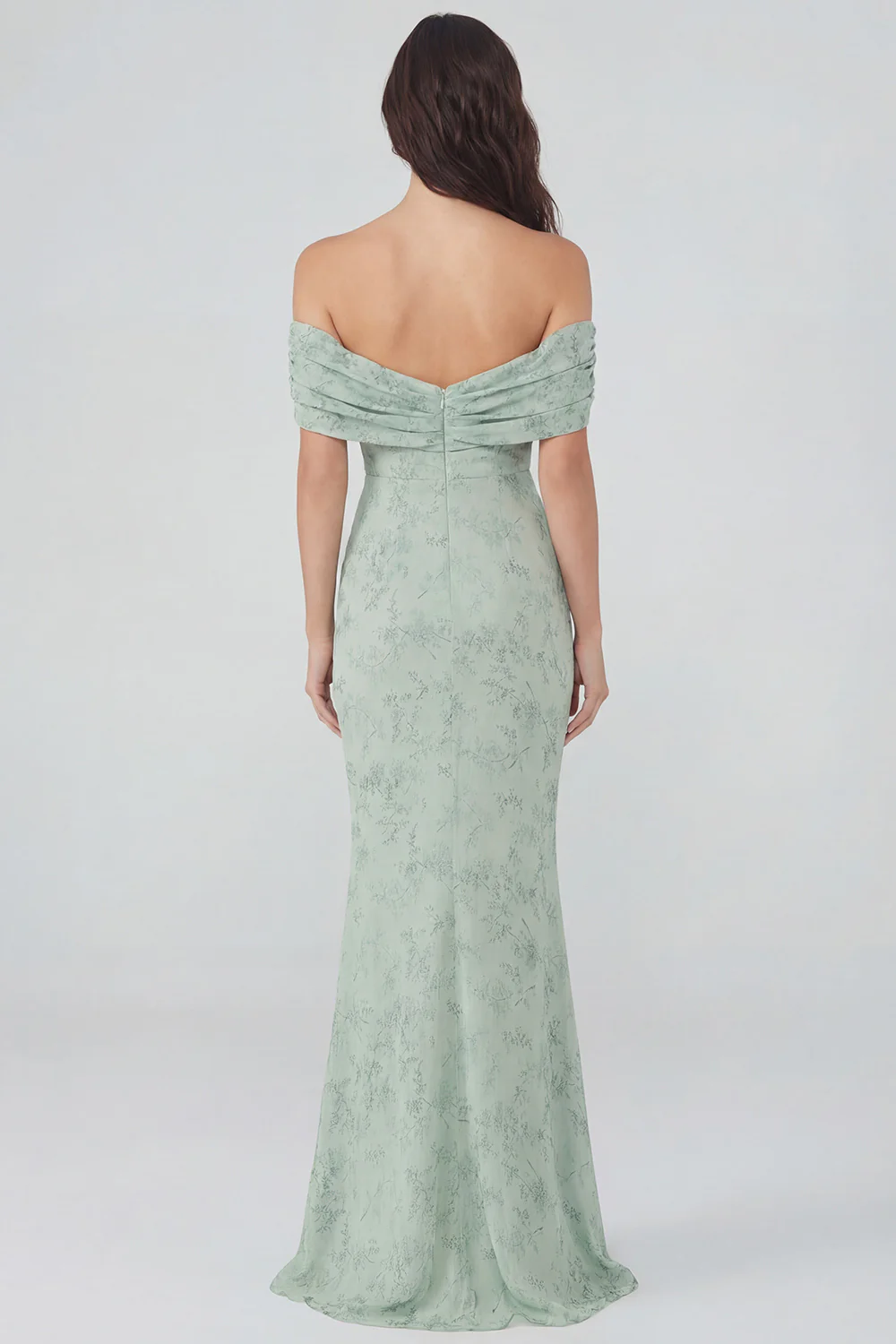 Off the Shoulder Dusty Sage Print Sheath Chiffon Midi Dress - Image 2