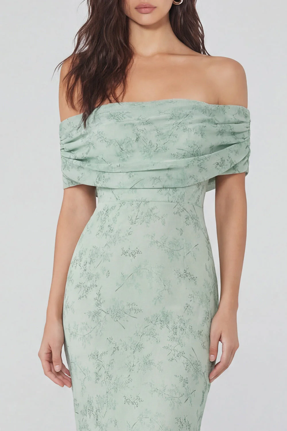 Off the Shoulder Dusty Sage Print Sheath Chiffon Midi Dress - Image 3
