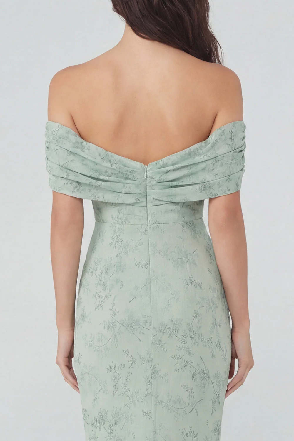 Off the Shoulder Dusty Sage Print Sheath Chiffon Midi Dress - Image 4