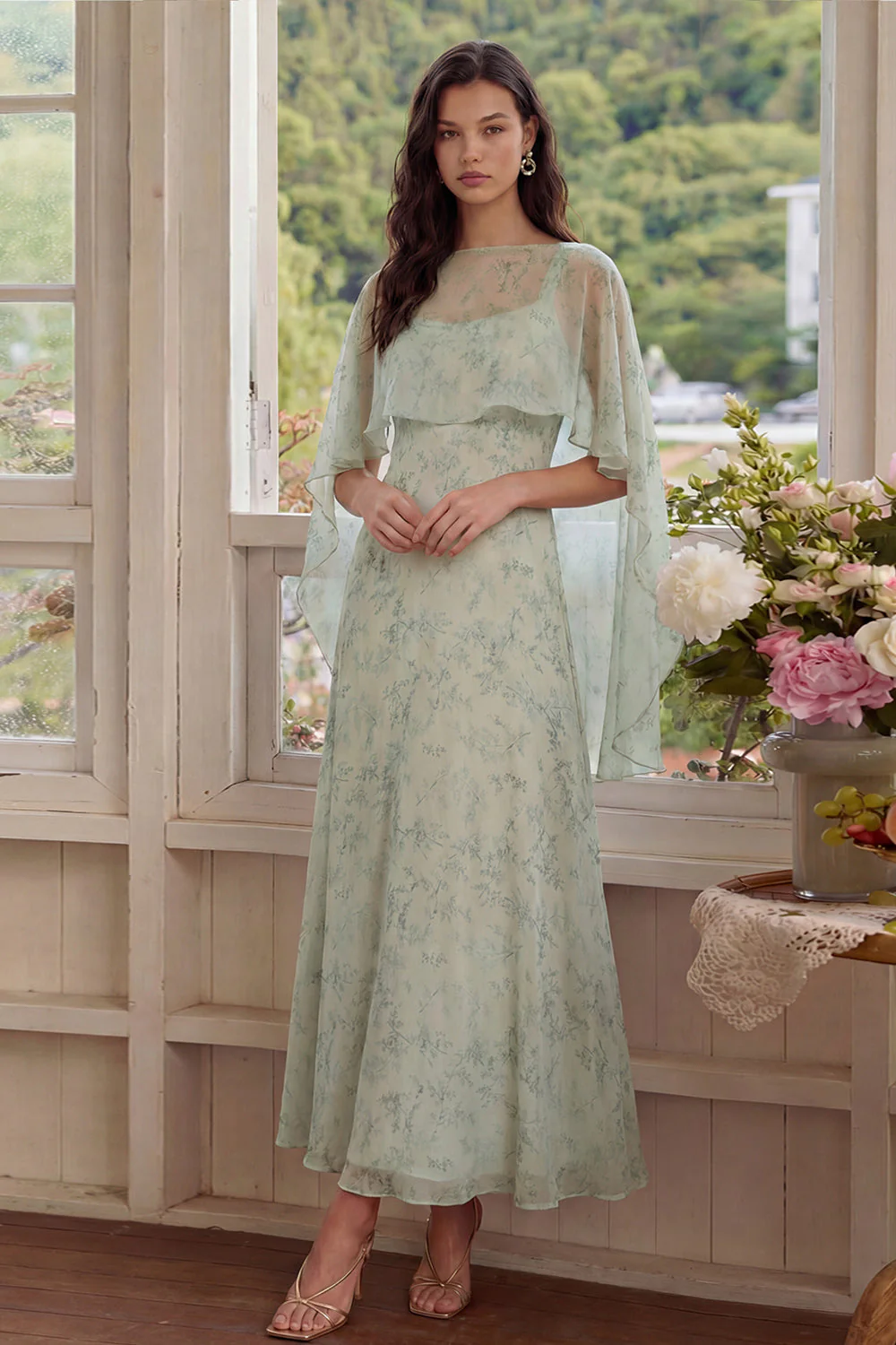 Dusty Sage Printed Chiffon A-Line 2-Piece Midi Dress - Image 3