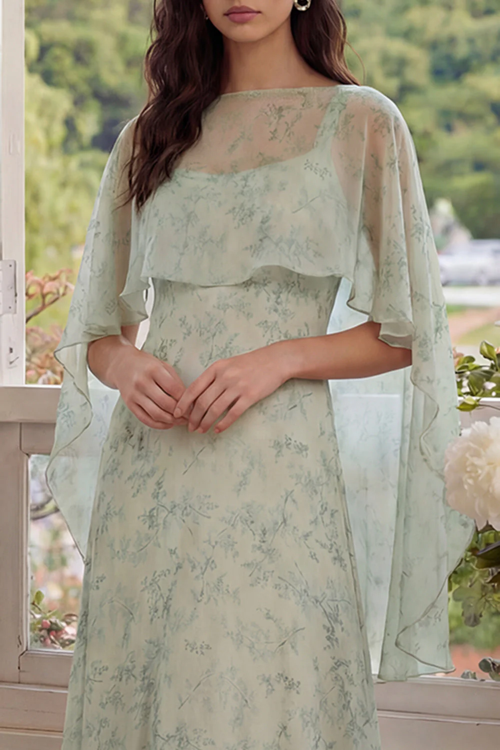 Dusty Sage Printed Chiffon A-Line 2-Piece Midi Dress - Image 4