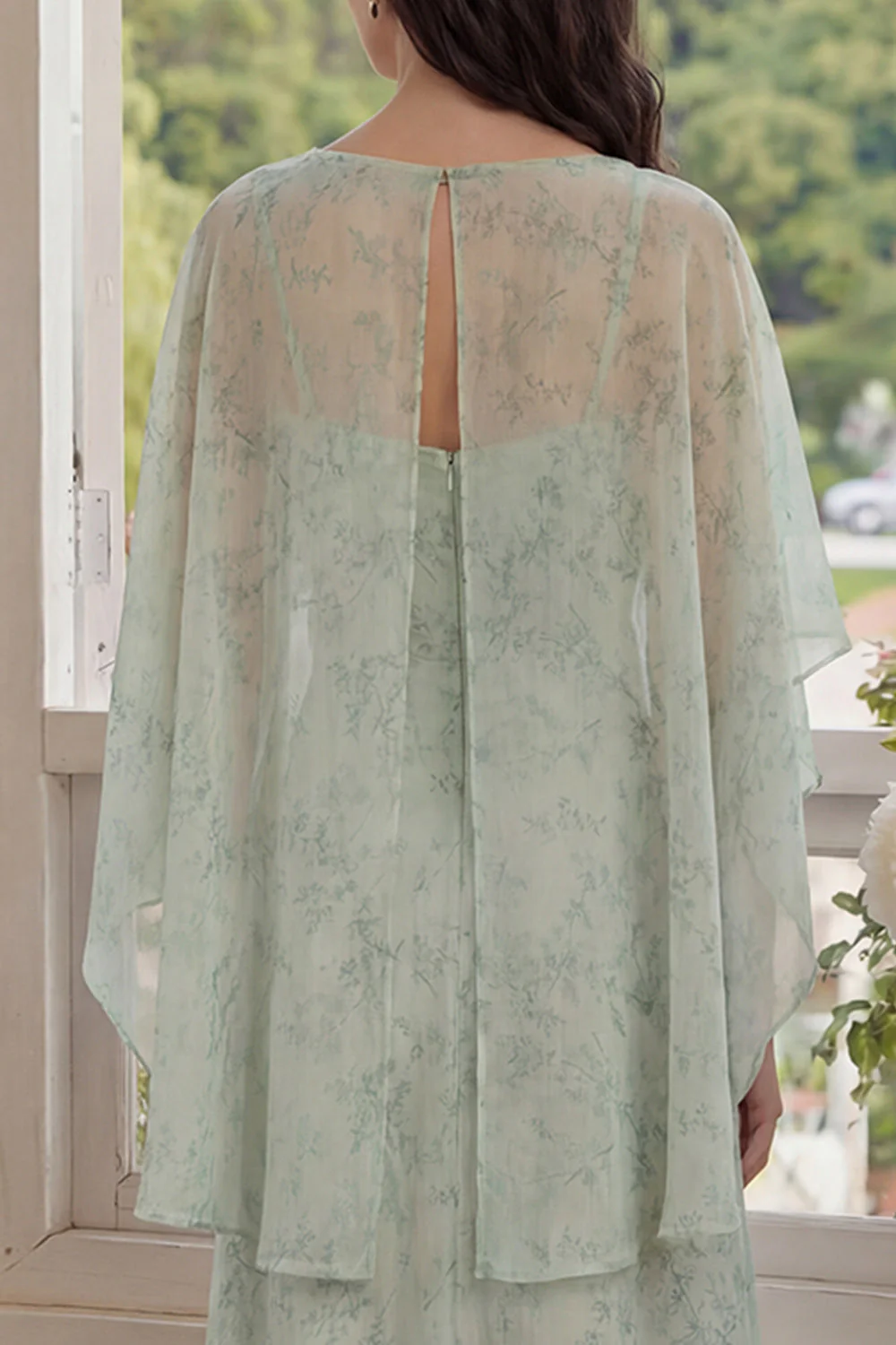 Dusty Sage Printed Chiffon A-Line 2-Piece Midi Dress - Image 5