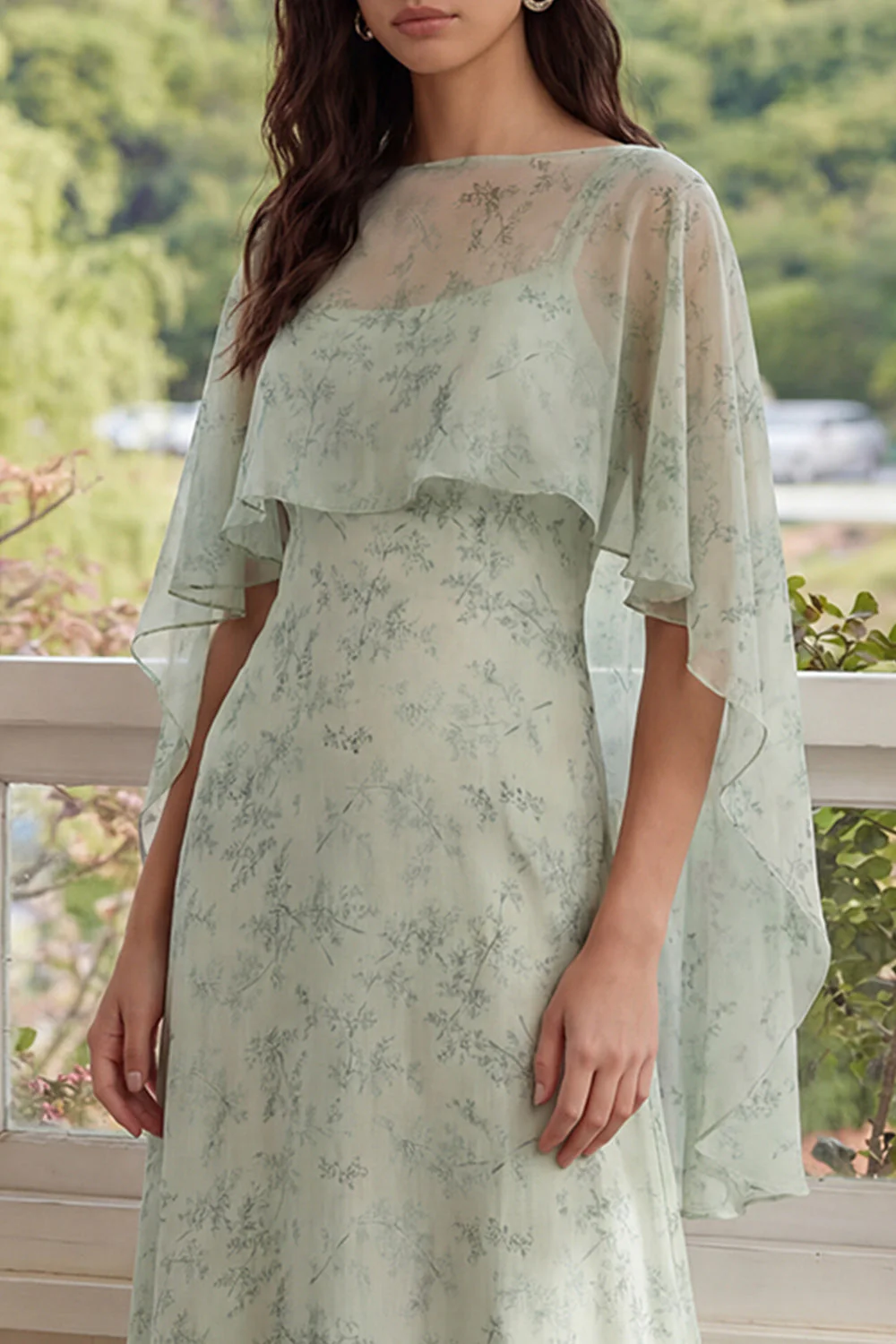 Dusty Sage Printed Chiffon A-Line 2-Piece Midi Dress - Image 6