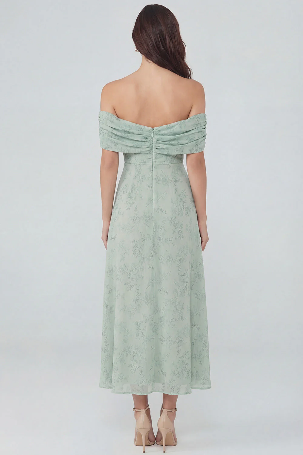 Dusty Sage A-Line Off the Shoulder Printed Chiffon Midi Dress with Slit - Image 2