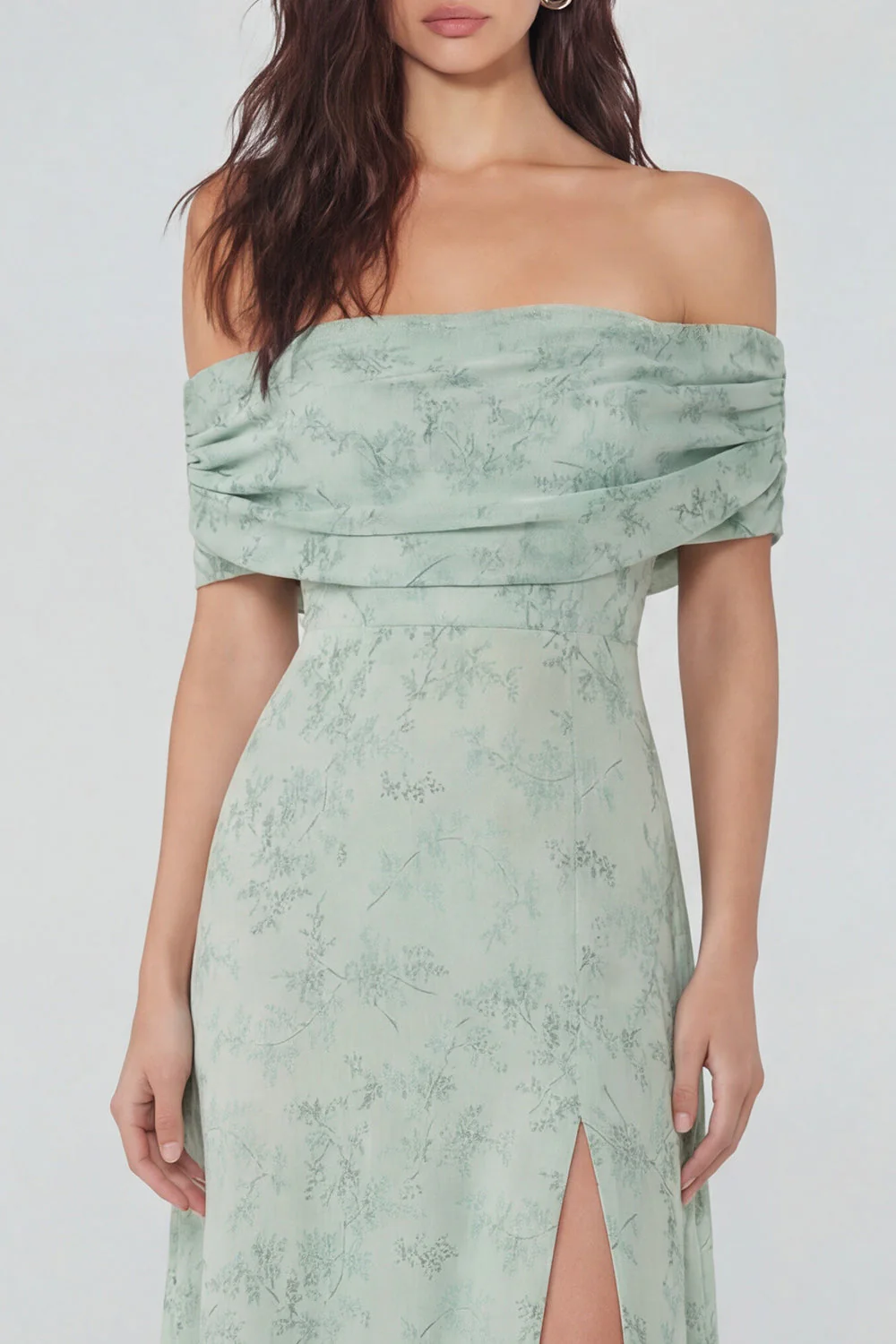 Dusty Sage A-Line Off the Shoulder Printed Chiffon Midi Dress with Slit - Image 3