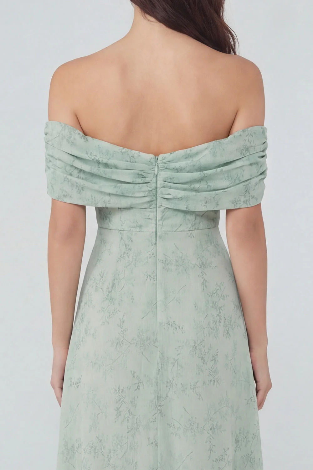 Dusty Sage A-Line Off the Shoulder Printed Chiffon Midi Dress with Slit - Image 4