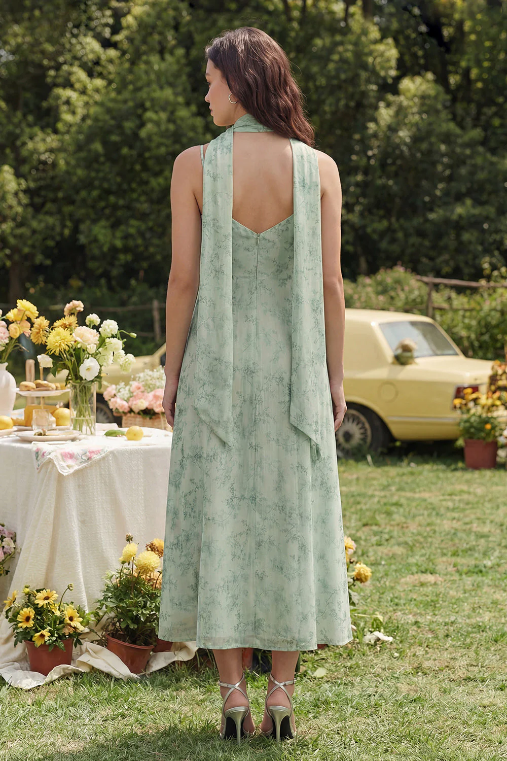 Dusty Sage Printed Chiffon Spaghetti Straps A-Line Midi Dress - Image 2