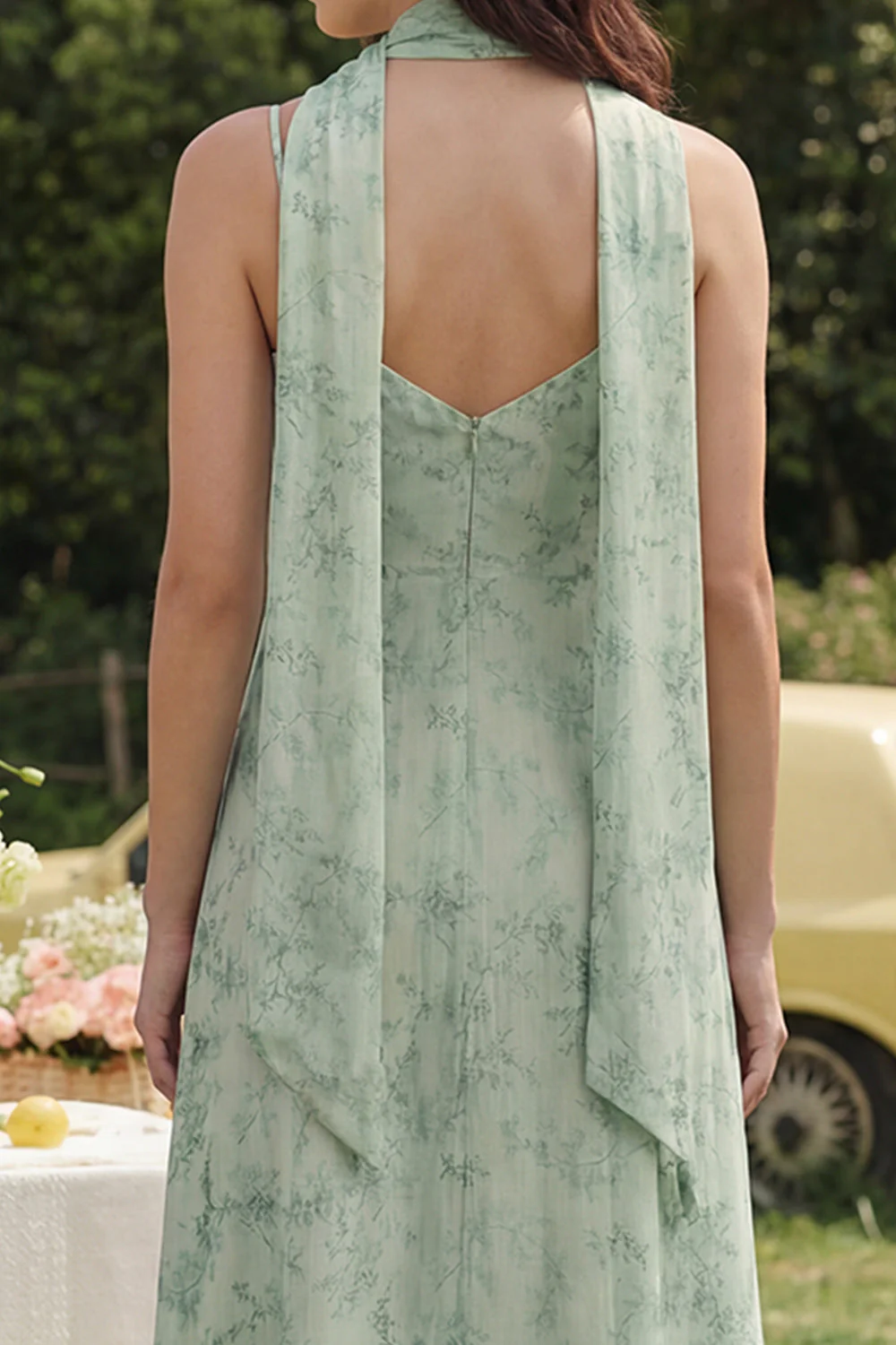 Dusty Sage Printed Chiffon Spaghetti Straps A-Line Midi Dress - Image 4