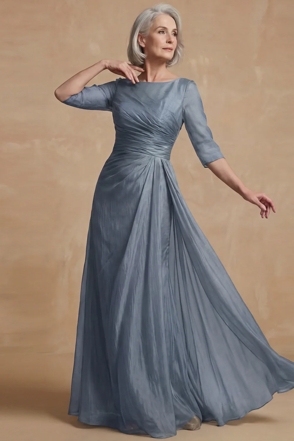 Dusty Sage Ruched A Line Boat Neck Long Mother of the Bride Dress - Image 10