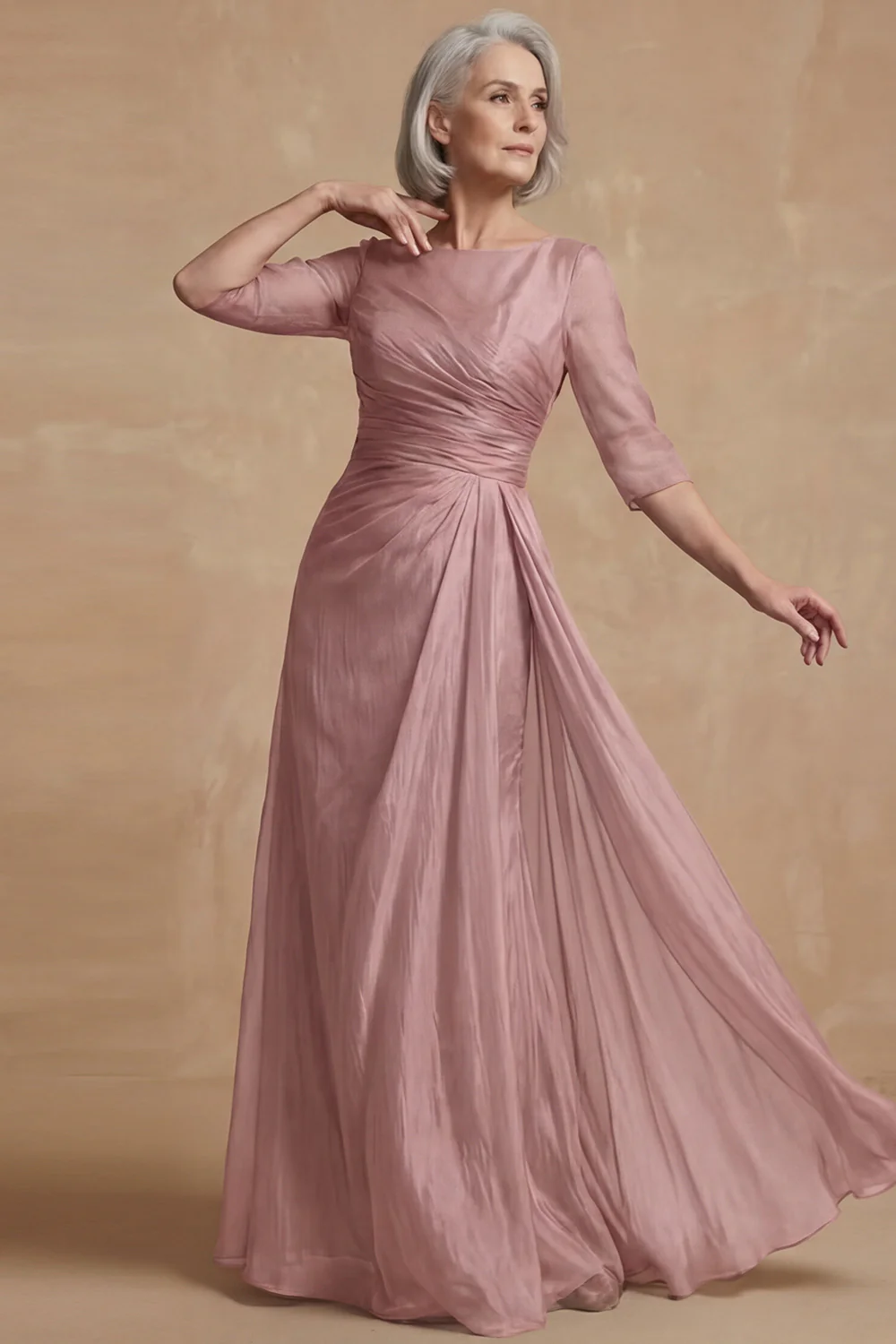 Dusty Sage Ruched A Line Boat Neck Long Mother of the Bride Dress - Image 11