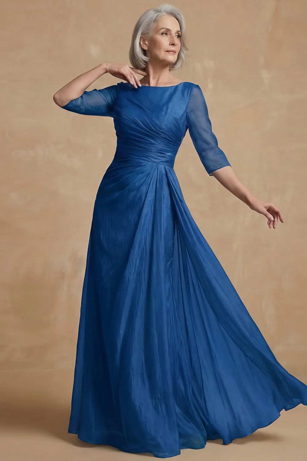 Dusty Sage Ruched A Line Boat Neck Long Mother of the Bride Dress - Image 12